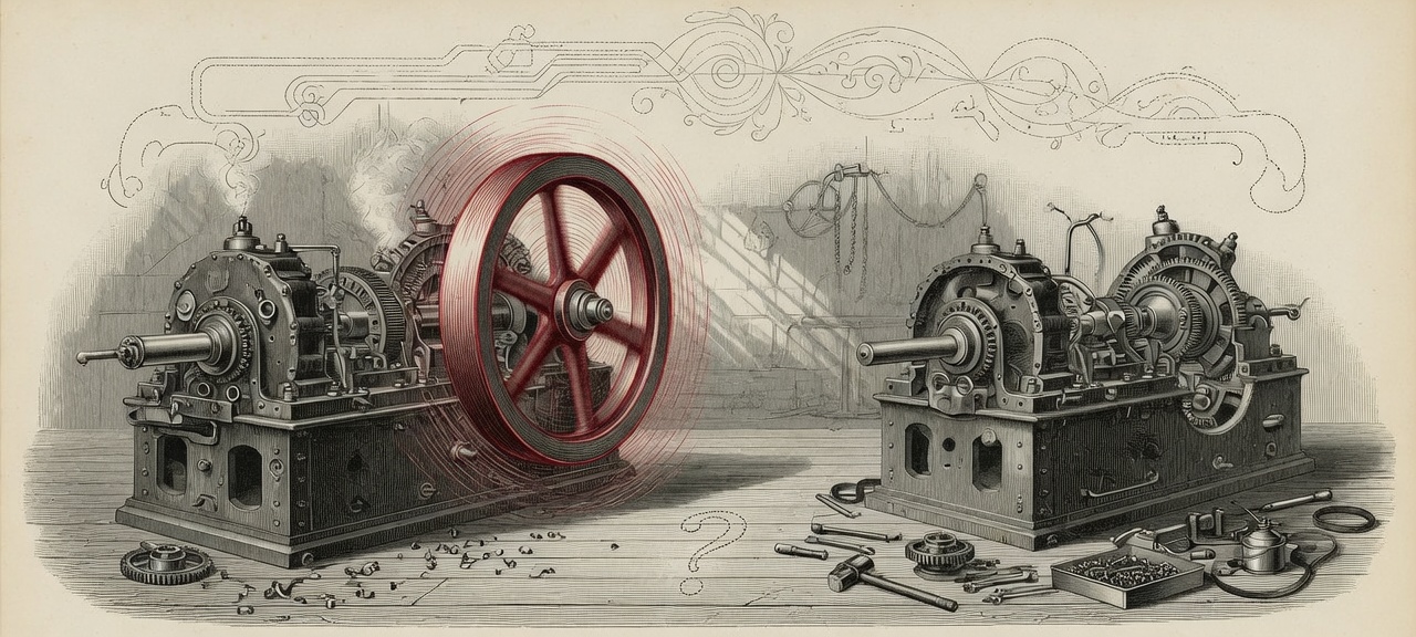 钢笔版画风格的编辑插画：两台引擎并置，一台全速运转、一台仍在点火预热，隐喻 PANW 被打包成一个估值在卖的两台增长引擎