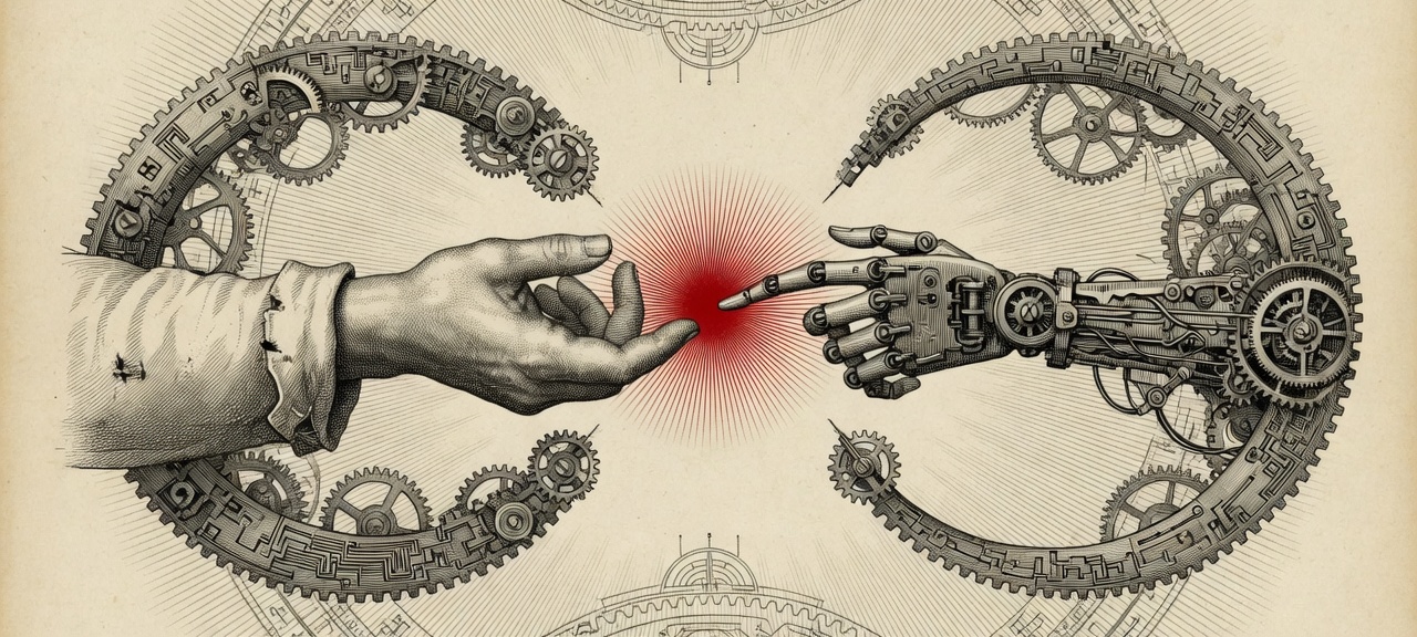 本期主题插画：一侧是自主进化的 AI 机器，一侧是把关的人类工匠，象征能力跃升与落地信任之间的张力