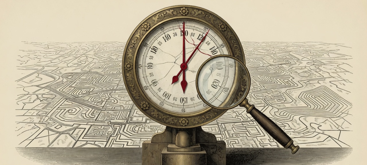 This issue's illustration: an engineer recalibrating a bank of instruments whose readings no longer match the world