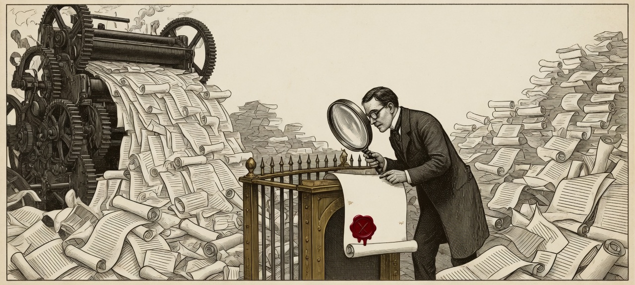 Issue illustration: a flood of printed code meets one narrow verification gate